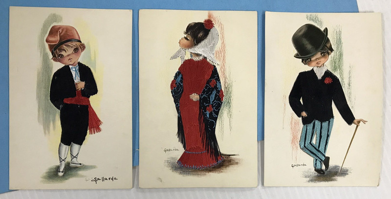3x Vintage GALLARDA BIG EYE Silk EMBROIDERED Postcards from SPAIN *LOOK! #21