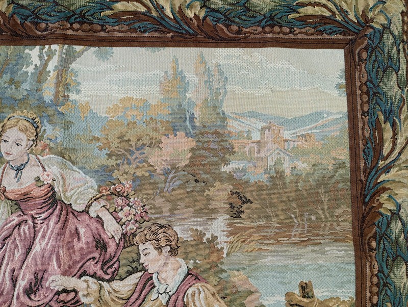 Italian Tapestry Romantic Wall Hanging Outdoor Scene Man Woman Cherub Dog Castle gallery