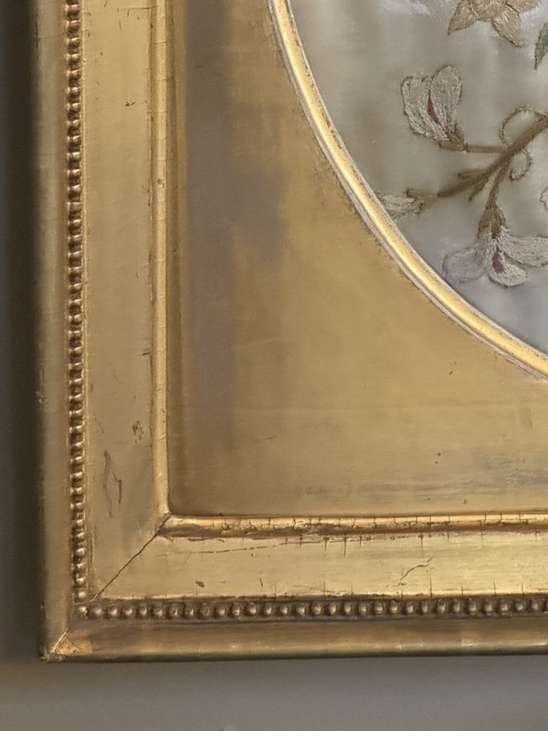 Antique Circa 1800 Silk Floral Embroidery in Water Gilt Frame gallery