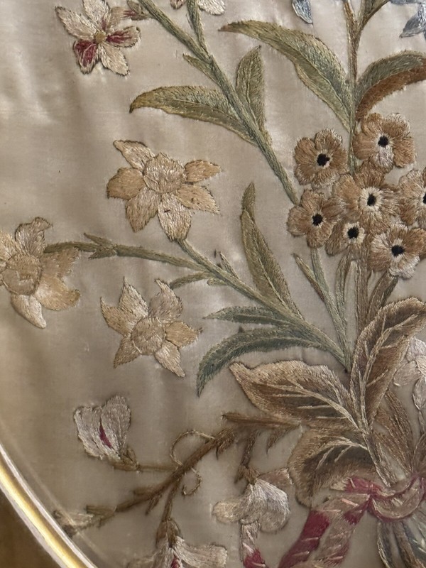 Antique Circa 1800 Silk Floral Embroidery in Water Gilt Frame gallery