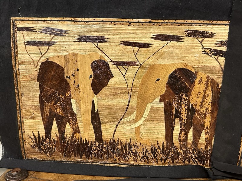 Set of 4 Vintage African Banana Leaf Marquetry Inlay Pictures, African Animals gallery