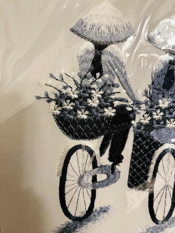 Vietnam Silk Handmade Embroidered Women on Bikes 11 3/4” X 9 1/2”Matted Picture gallery