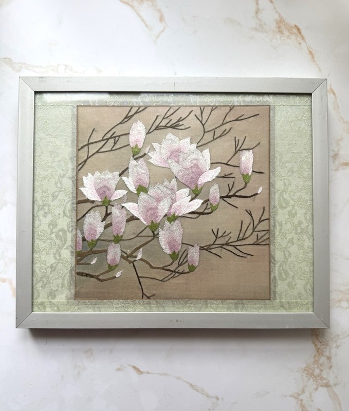 Vintage Magnolia Embroidery Framed Textile Art 32cm Floral Wall Decor Gallery VG gallery