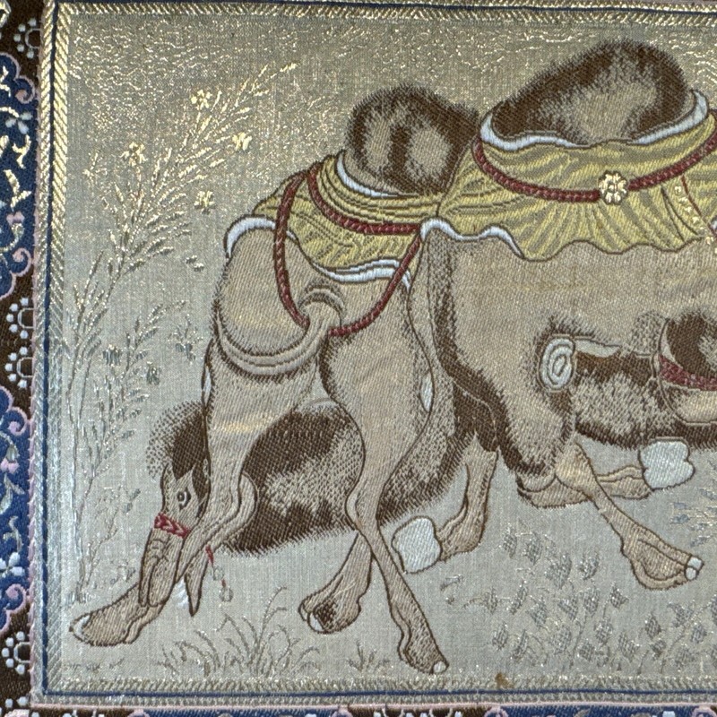 Signed Vintage Silk “Two Camels Fighting “ Persian Tapestry Needle Point Indian gallery