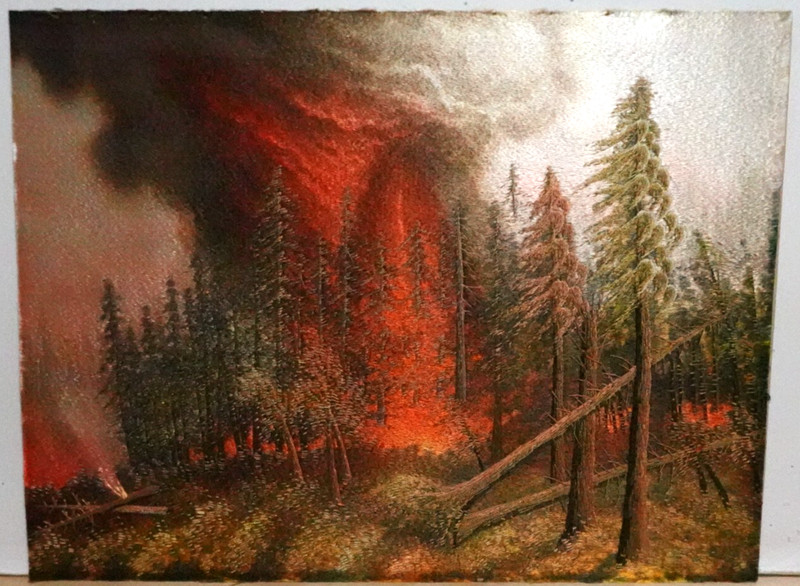 RARE JAPANESE SILK EMBROIDERY TAPESTRY FOREST FIRE PAINTING UNSIGNED