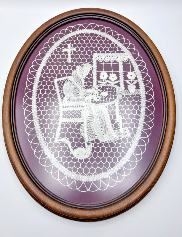 Vintage Oval Framed Lace Embroidery Het Atelier, Brugge Nun Crafting 18×14