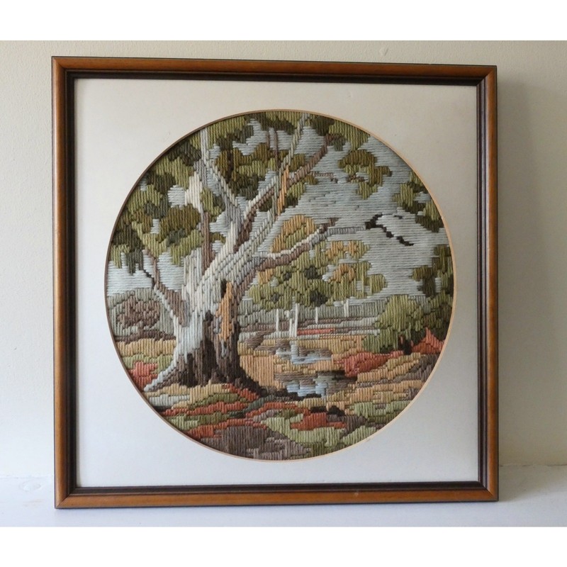Vintage Framed Tapestry Embroidery Landscape Tree Scene Wall Decor gallery