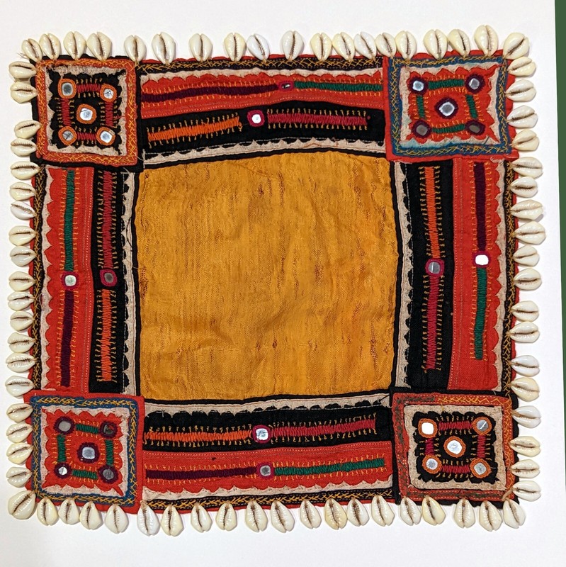 Hand Embroidered Mirror Bag Face /Cover with Shisa Mirrors & Cowrie Shells
