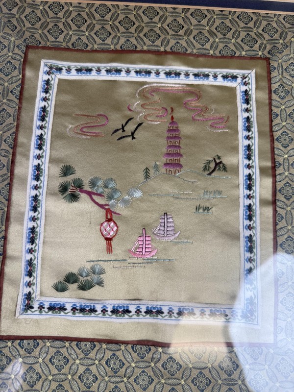 Chinese Silk Embroidery Pagoda Sailboat Landscape Tapestry Framed 19x24 Wall Art gallery