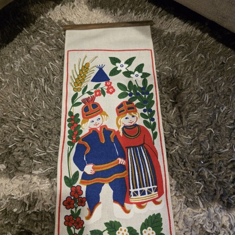 Vintage Dutch Folk Art Printed Fabric People Wall Hanging 46" Signed "Hill" gallery