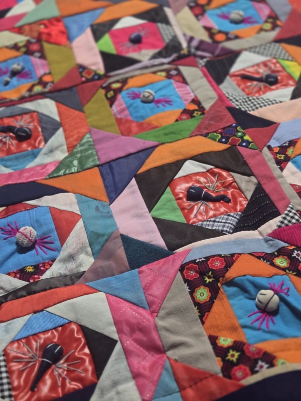 Folk Art Chinese Patchwork Quilt Bai Jia Bei Signed 58.5"x55" gallery