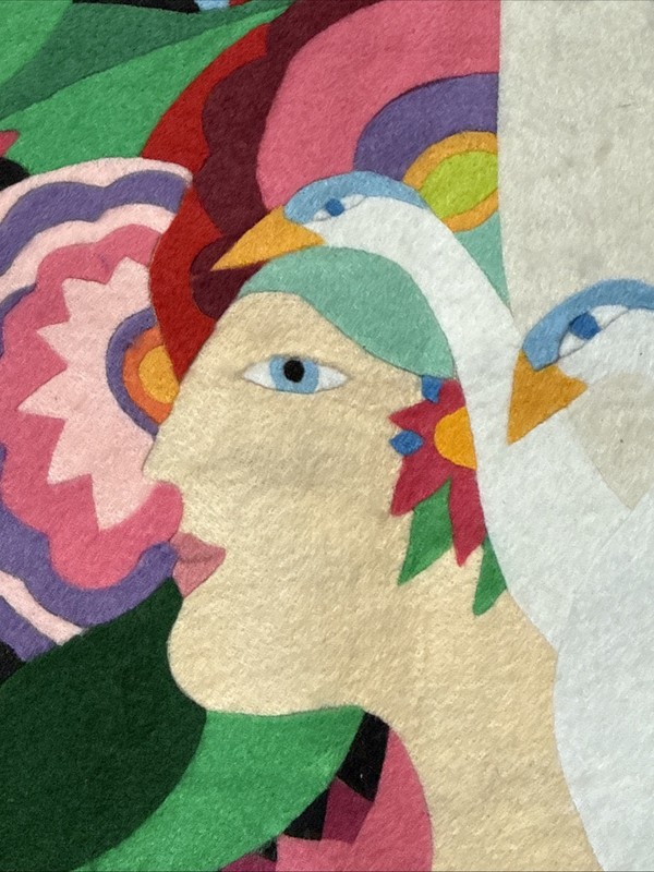 Felt Collage Wall Hanging Cut Out Laurel Burch Swan Goddess Signed Bella 26x30” gallery