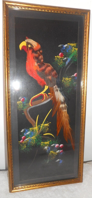 FOLK ART Gold Tone Wood Glass Frame Real Bird Feather Scene 14 1/2 x 6 1/2 x 5/8