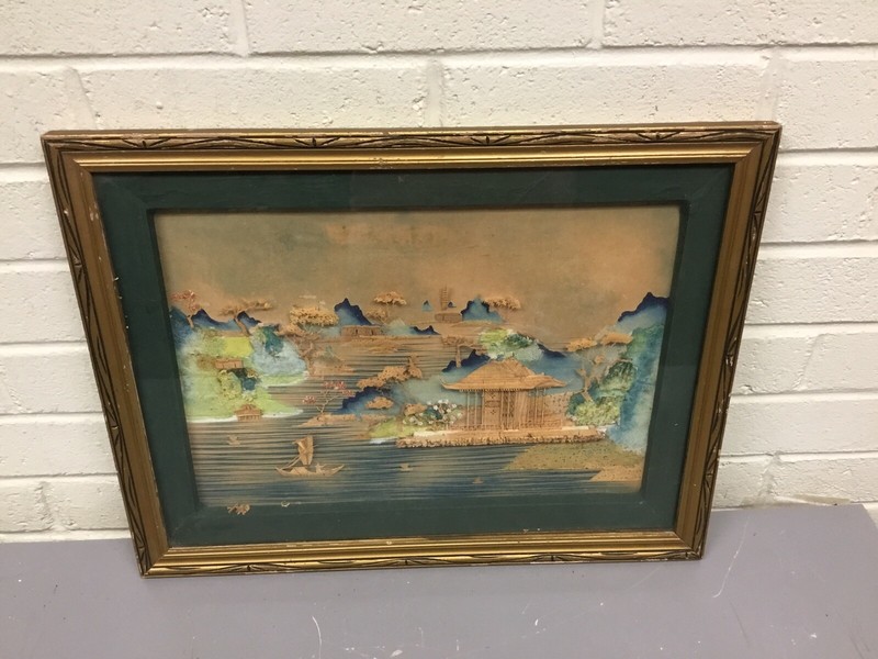 VINTAGE FRAMED 3D ASIAN PICTURE MADE WITH WOOD FROM HING LEE FACTORY SEASCAPE