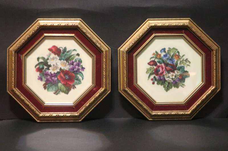 Pair of Beautiful Petite Point Floral Wall Art in Glass Octagon Frame - 11 3/4"