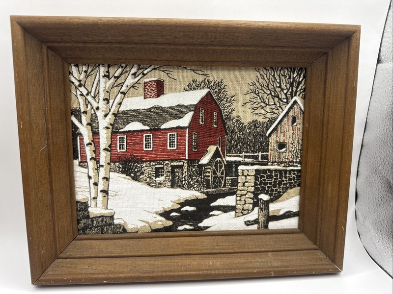 Vintage KAY DEE HandPrints 100% Pure Linen Framed Farm Winter Scene 10.5" × 9"