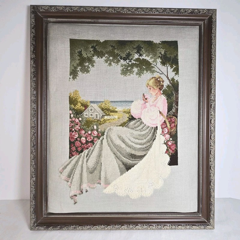 Nantucket Rose Vintage 1997 Petit Point Pillowed Framed 18″x18″ Art Beautiful