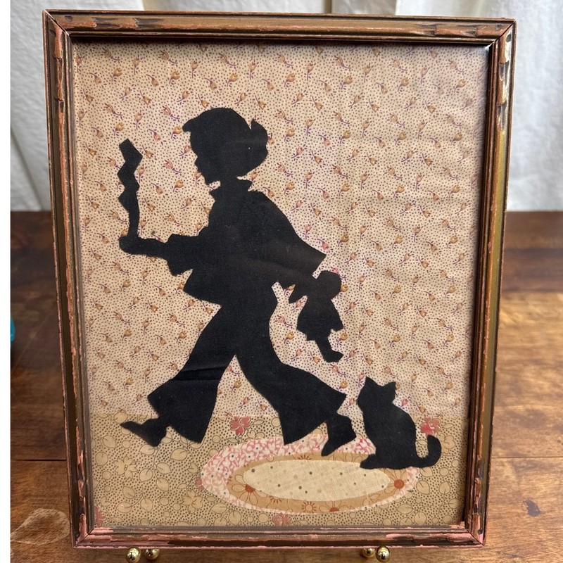 Vintage Handmade 50’s Textile Folk Art Cloth Framed Silhouette Girl Doll & Cat