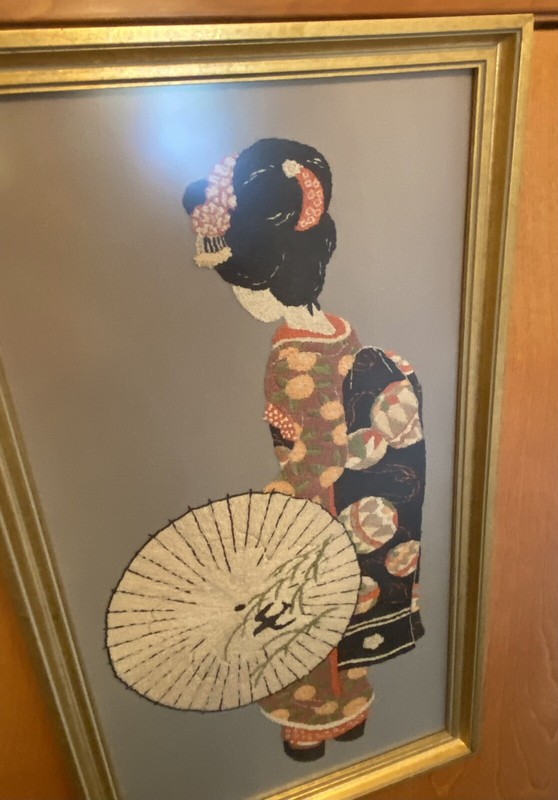 24" TALL ASIAN NEEDLEPOINT, NEEDLEWORK, CREWEL FRAMED ART, GEISHA GIRL. DETAIL! gallery