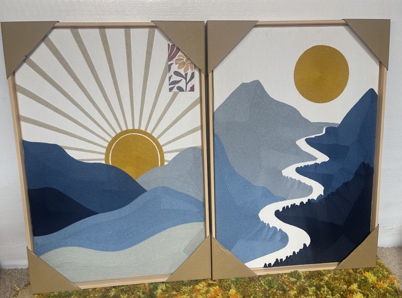 New BP Home Textile Embroidered Woven Wall Art Set Mountain & Sun Decor 18”x26”