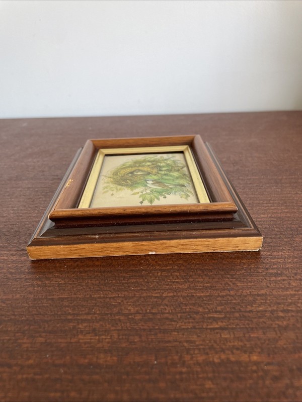 Vintage Framed Silk Picture of Of Birds Nesting In Wooden Frame 2.5“ X 3.5“ gallery