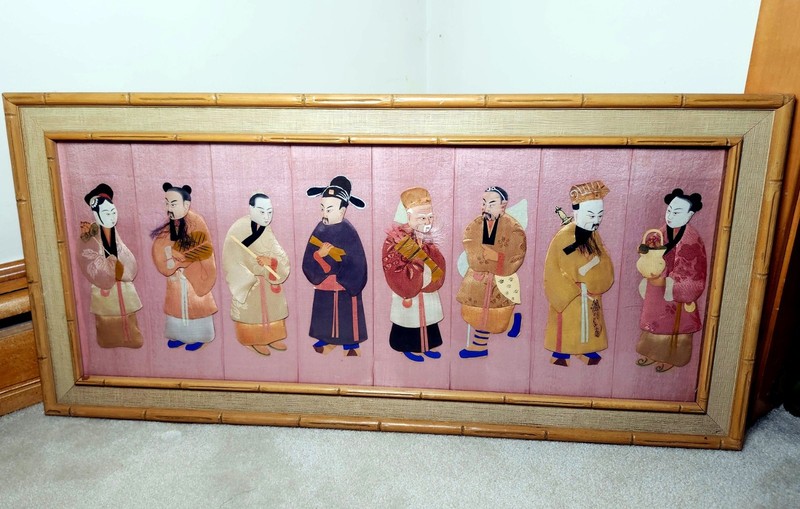 Vintage SILK Embroidered ART Chinese 8 TAO IMMORTALS Taoist XIAN Embroidery