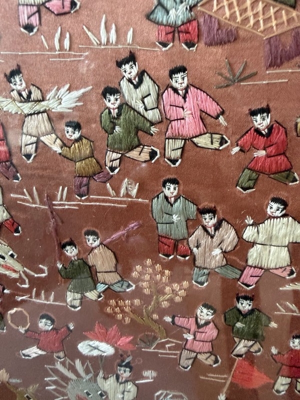Framed Embroidered Silk Tapestry Children Birds Dragon People Nature Art gallery