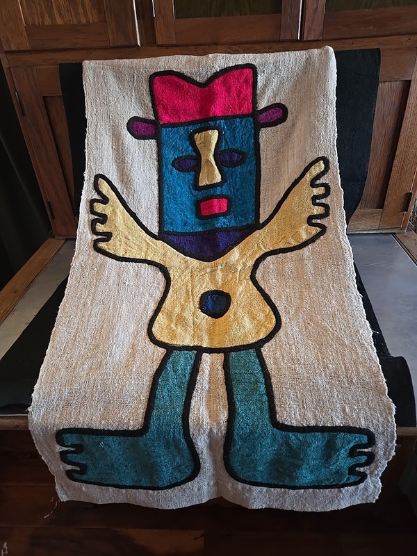 Bolivian Vtg Linen & Wool Applique Figure Wall Hang Art Large 39×20″ Handmade