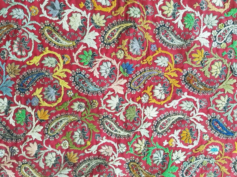 Vintage French Printed Paisley Hand Embroidered Panel 63x53cms gallery