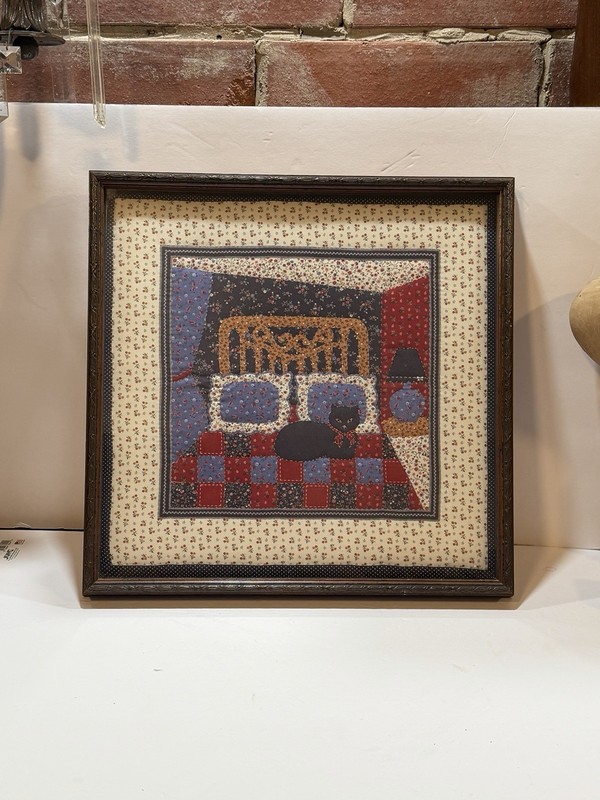 Framed Quilted Square Black Cat On Bed Kitschy Folk Art Cats Patchwork