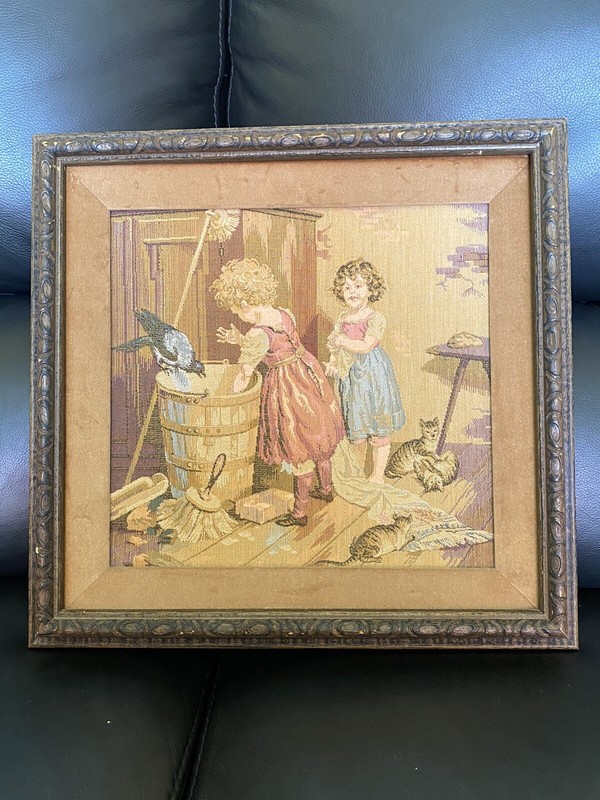 VINTAGE FRAMED ART YOUNG GIRLS IN WASHROOM CATS SCENE FABRIC 13 x 13.5