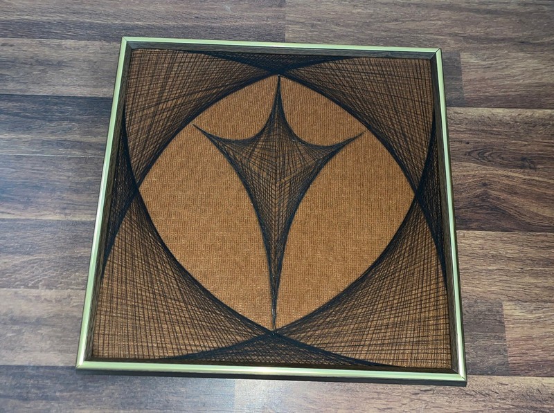 Vintage MCM Textile Fiber Abstract String Art Framed No Glass 19″ Tall 19” Wide