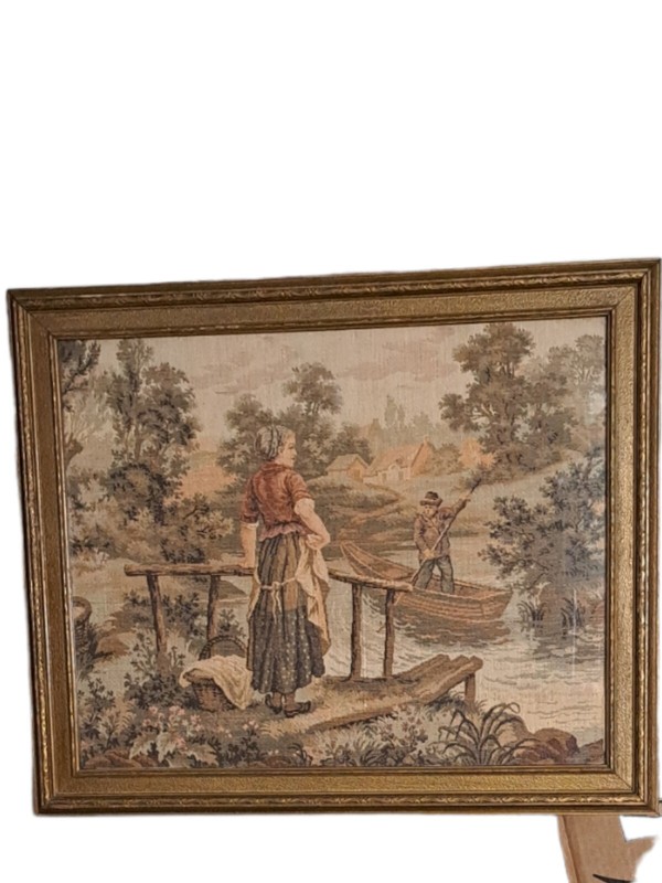 Antique Needlework Fine Art Tapestry Framed Wall Hanging Man ~Woman Water Scene