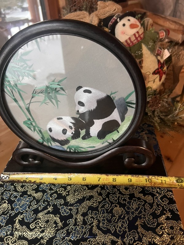 Chinese Panda, Suzhou Double Sided Silk Embroidery Screen, Wooden Base