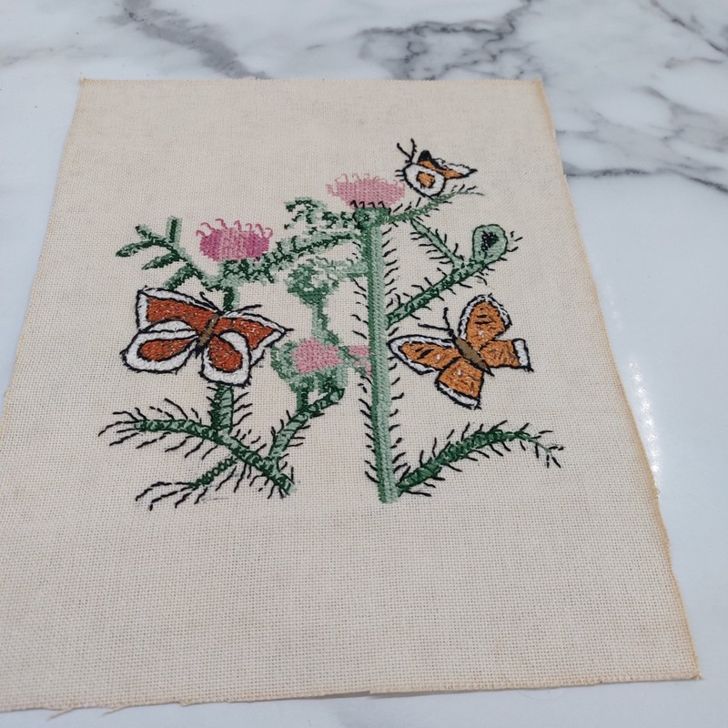 Vintage Completed Embroidery Picture of Butterflies on Flowers 8″ x 10″