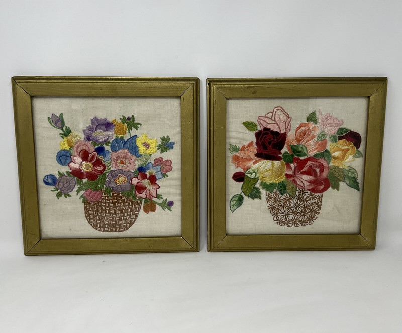 Vintage Crewel Embroidery Pair Of Floral Pictures Roses Shabby Chic Gold Frames