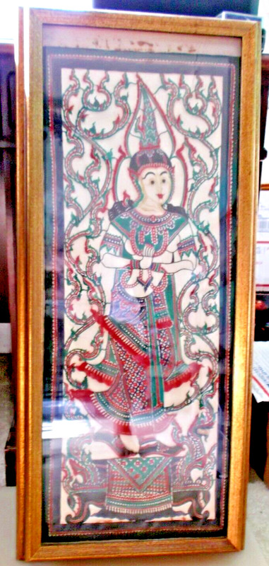 VINTAGE GILT FRAME THAI DANCER SHADOW PLAY ART CUT OUT BUFFALO LEATHER 31″ x 13″