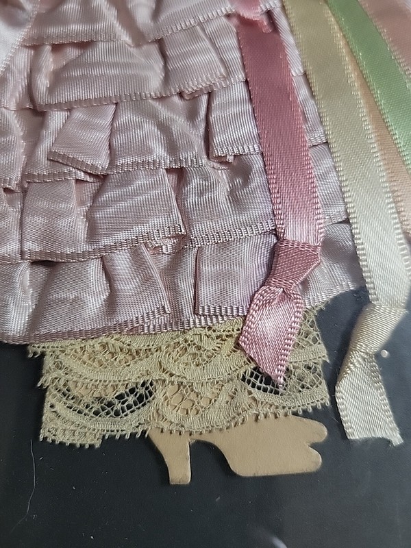 Antique Art Framed Fabric Woman Lady Bonnet Dress Flowers Bouquet Victorian gallery