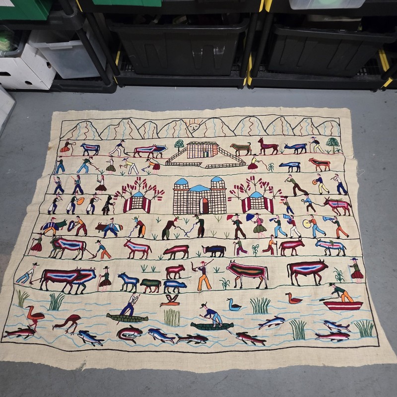 Vintage Huge 77×59 Peruvian Folk Art Tapestry Hand Embroidered Textile Village L