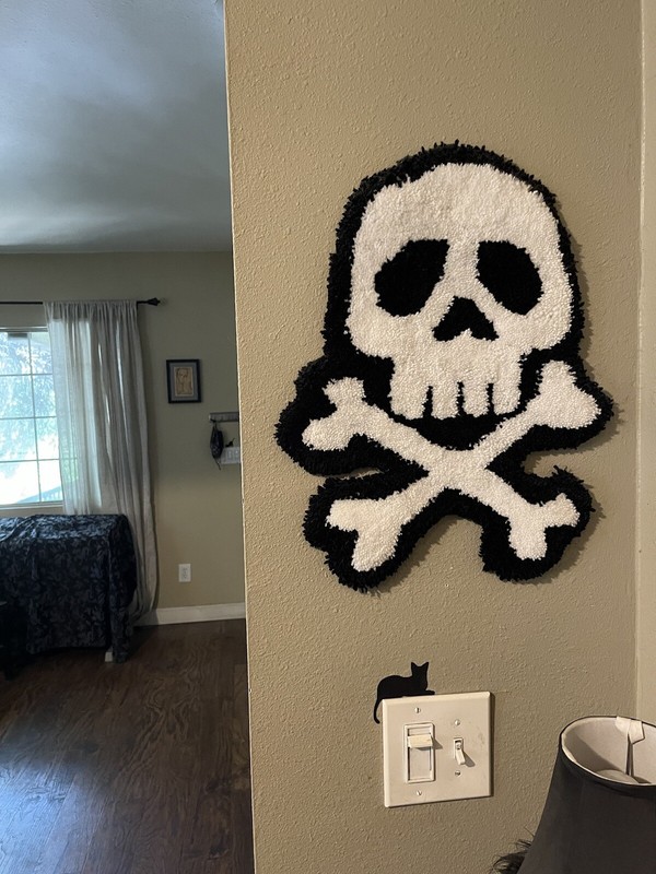 LARGE pirate SKULL & CROSSBONES handmade rug art tufted carpet wall hanging tug
