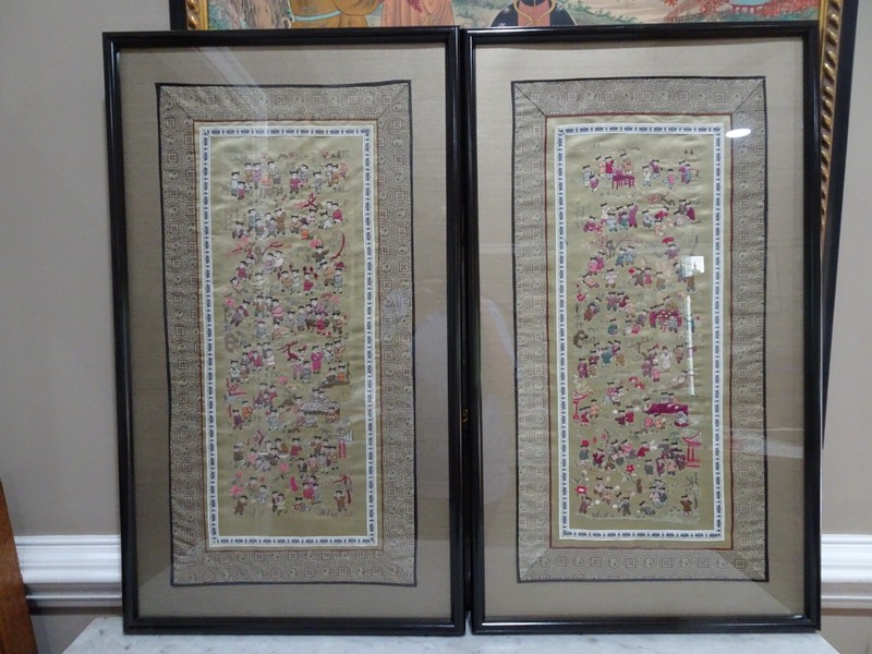 Pair (2) Chinese Silk Embroidered 100 Children Tapestry Framed Art 30″ x 18″
