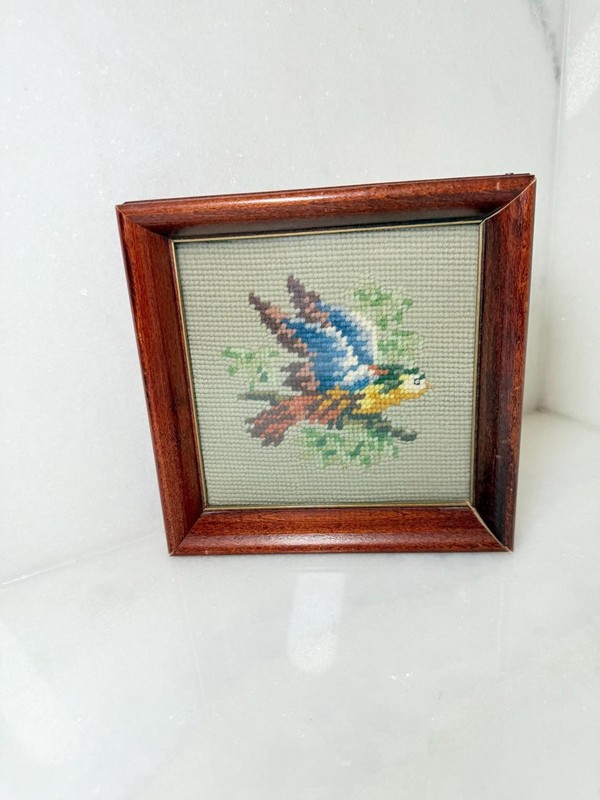 Vintage needlepoint cross stitch bird embroidery framed under glass gallery