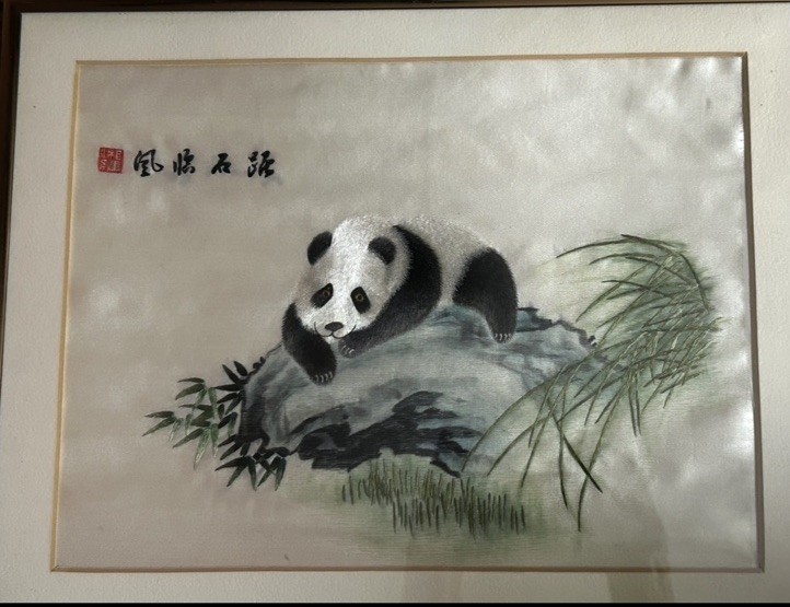 Vtg Chinese Hand Stitched Panda Bear On Silk Bamboo Professional Framed 12.5x9”