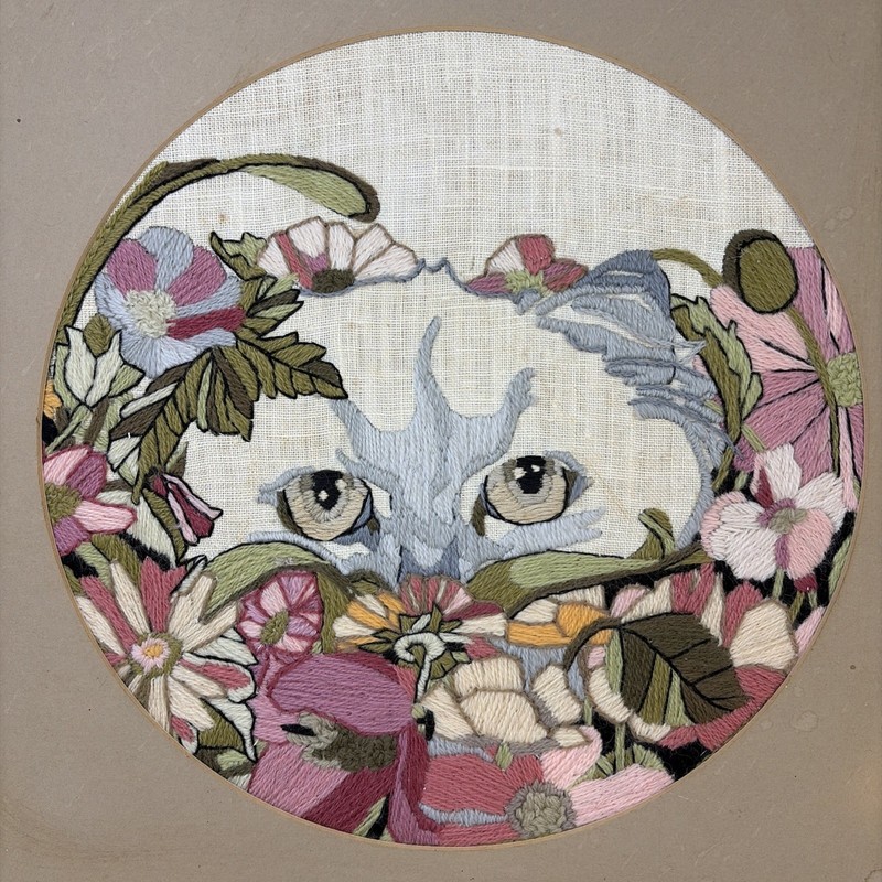 1980s Framed Embroidery Art Cat Flowers Mauve Framed Cottage granny core gallery
