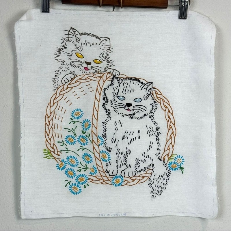 Vintage Handmade Embroidered Kittens in a Basket Textile Art Panel