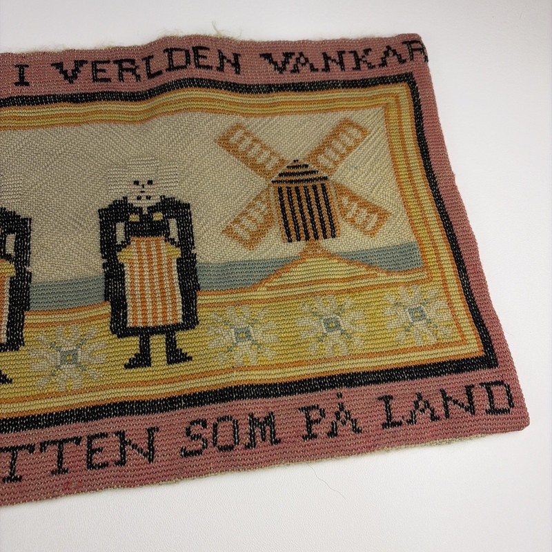 Vintage Swedish Folk Art Windmill Wool Embroidered Tapestry Textile 32" x 11.5" gallery
