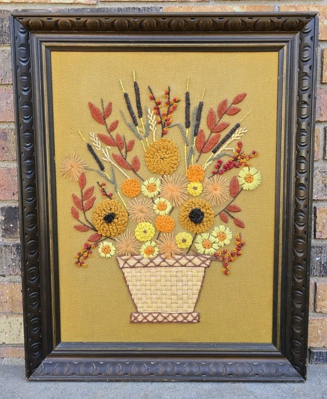 Paragon Vintage Crewel Autumn Boquet Fall Floral Basket Cattails Framed 0106