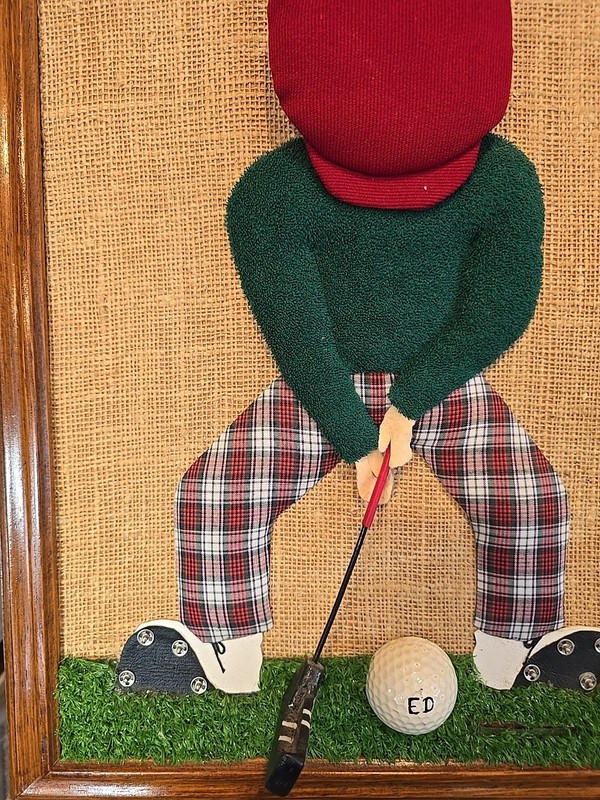 Vintage 1982 Handmade Folk Art Golfer Framed Fabric & Yarn Shadow Box Golf Decor gallery