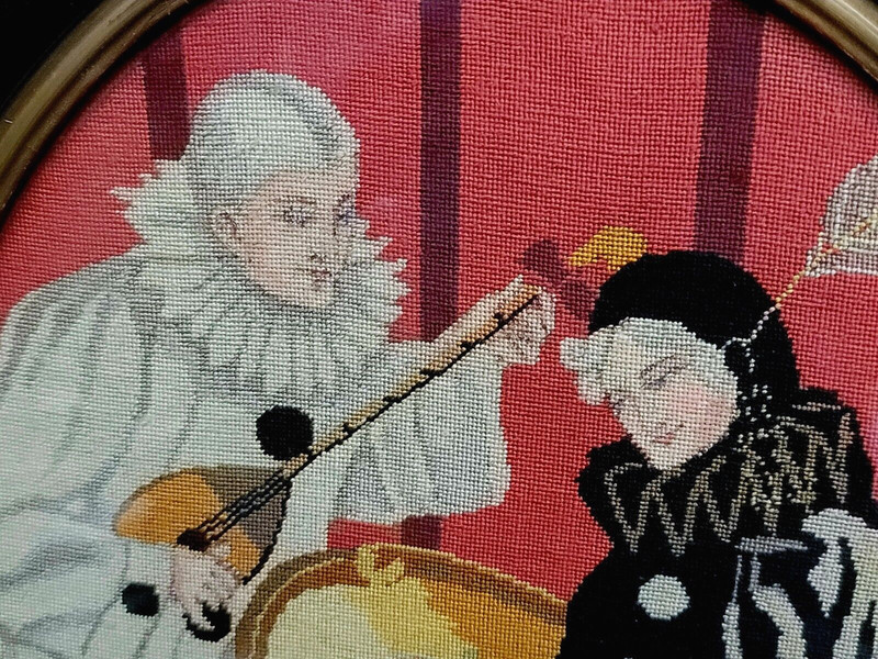 Art Deco Framed Pierrot Serenade Needlepoint Petit Point Picture Antique gallery