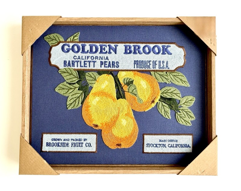 BP Vintage Fruit Crate Label Embroidered Wall Art CA Bartlett Pears Golden Brook